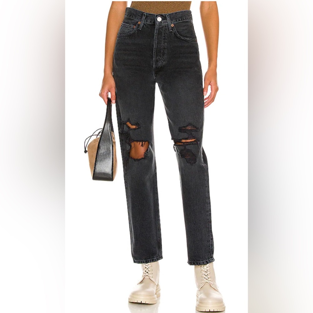 Agolde Black Distressed High-Rise Straight Jeans